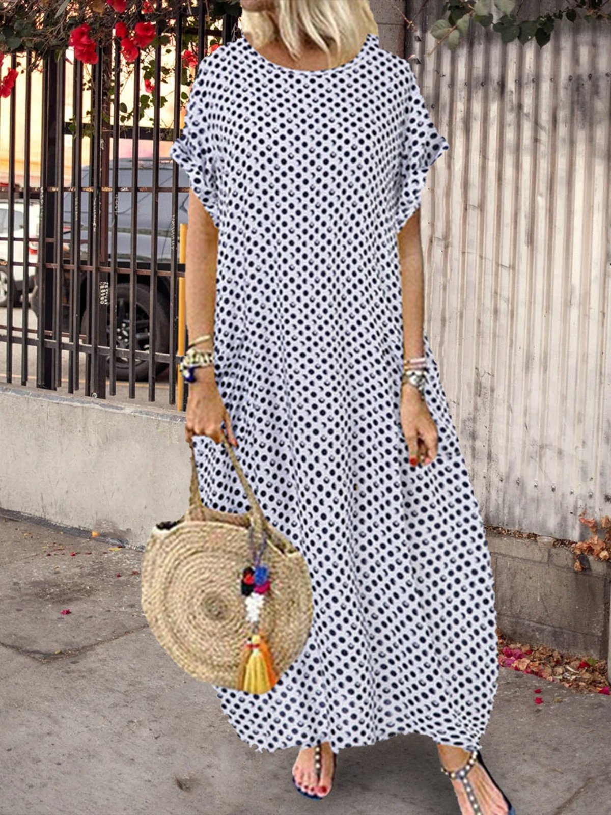 Printed Polka Dots Short Sleeve Crew Neck Maxi Dresses