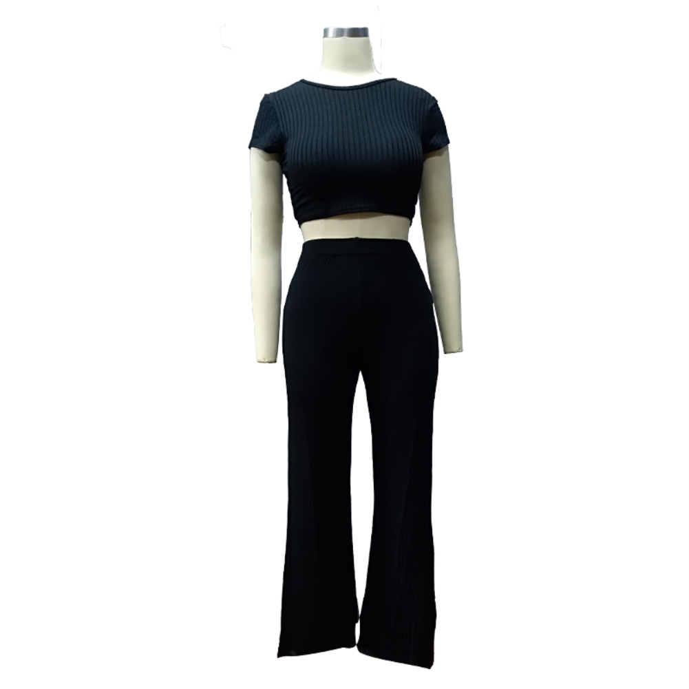 Matching 2PC Plain Knitted Crop Top and Pants Set