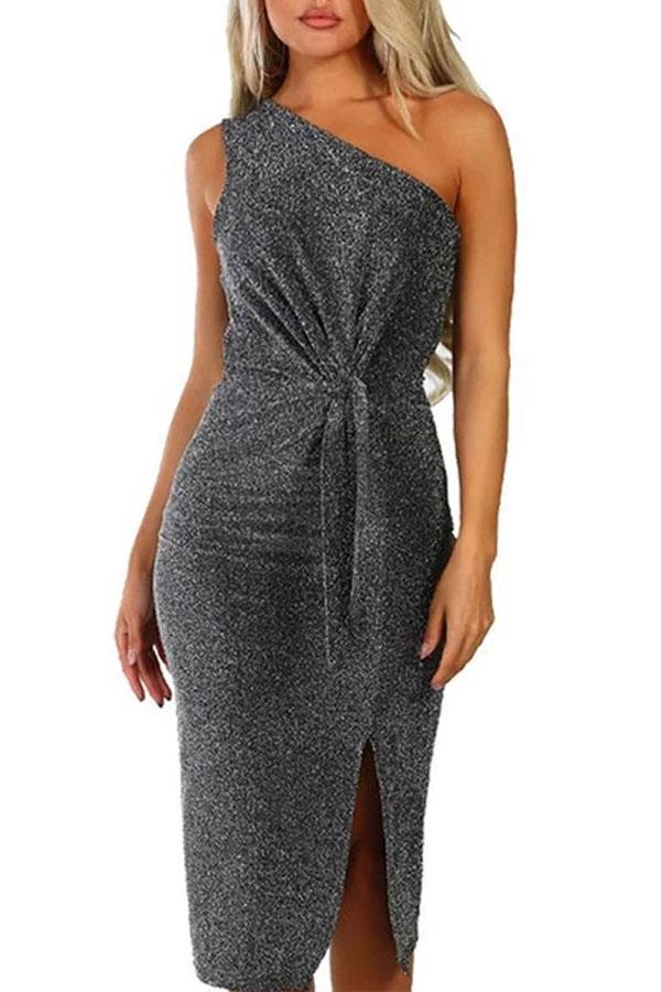 Sexy Sloping Shoulder Belted Slit Bodycon Dresses