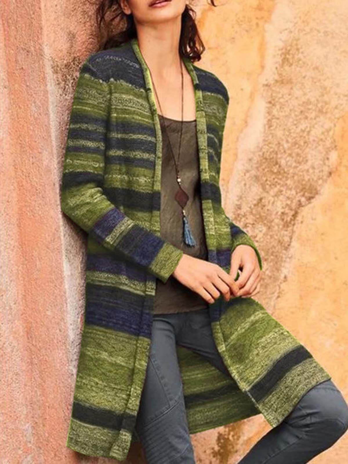 Casual Color-Block Cotton-Blend Long Sleeve Cardigan