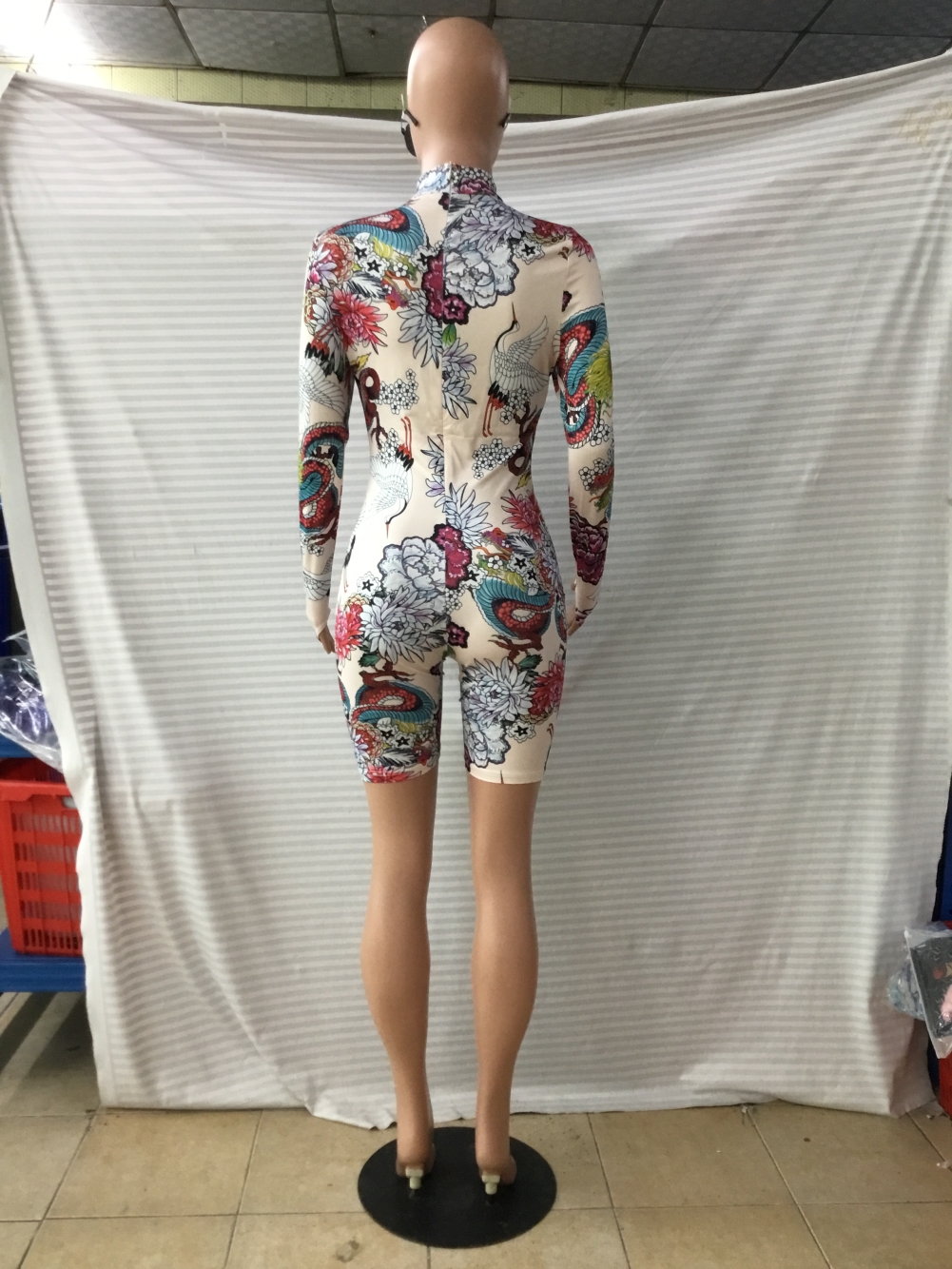 Long Sleeve Print Retro Bodycon Rompers