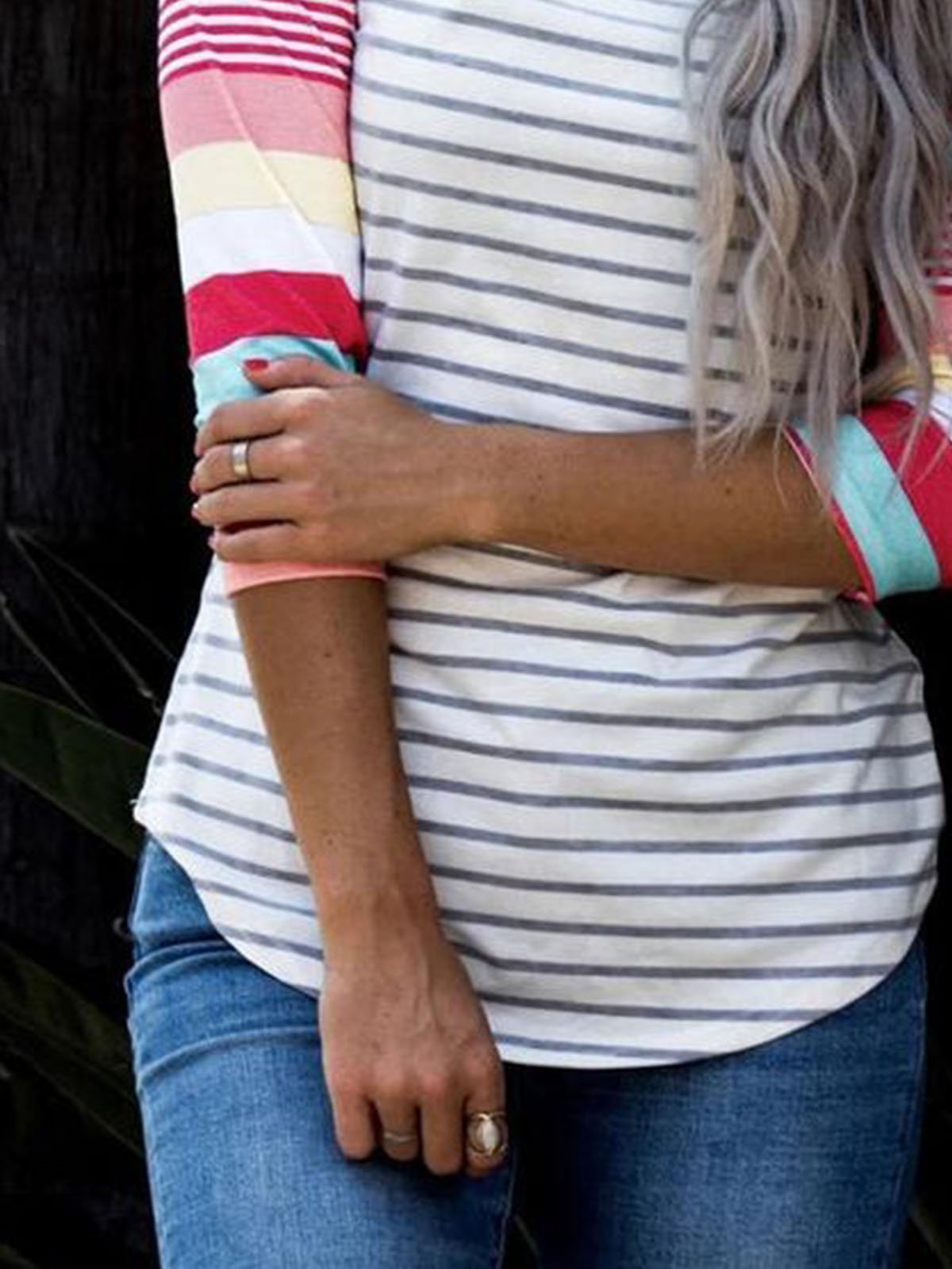 Crew Neck Printed 3/4 Sleeve Stripes Shirts & Tops