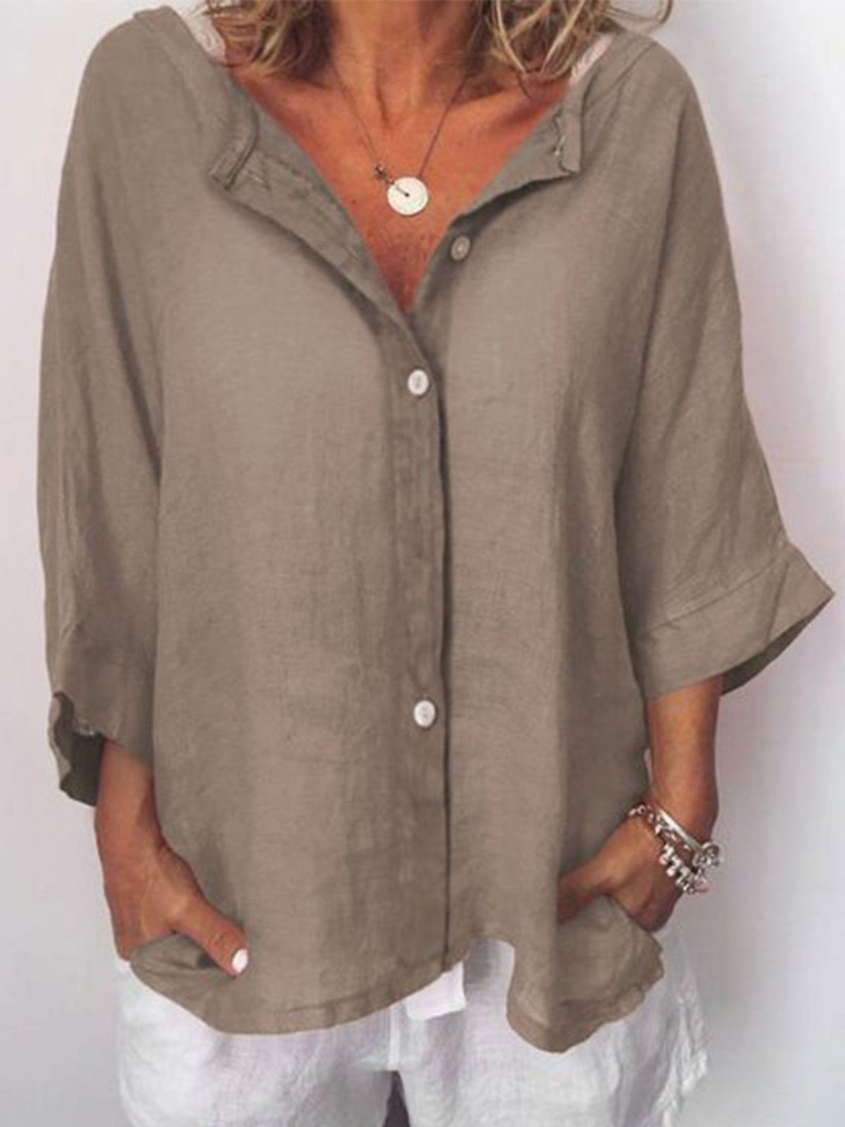 Plus Size Casual Solid V Neck 3/4 Sleeve Tops