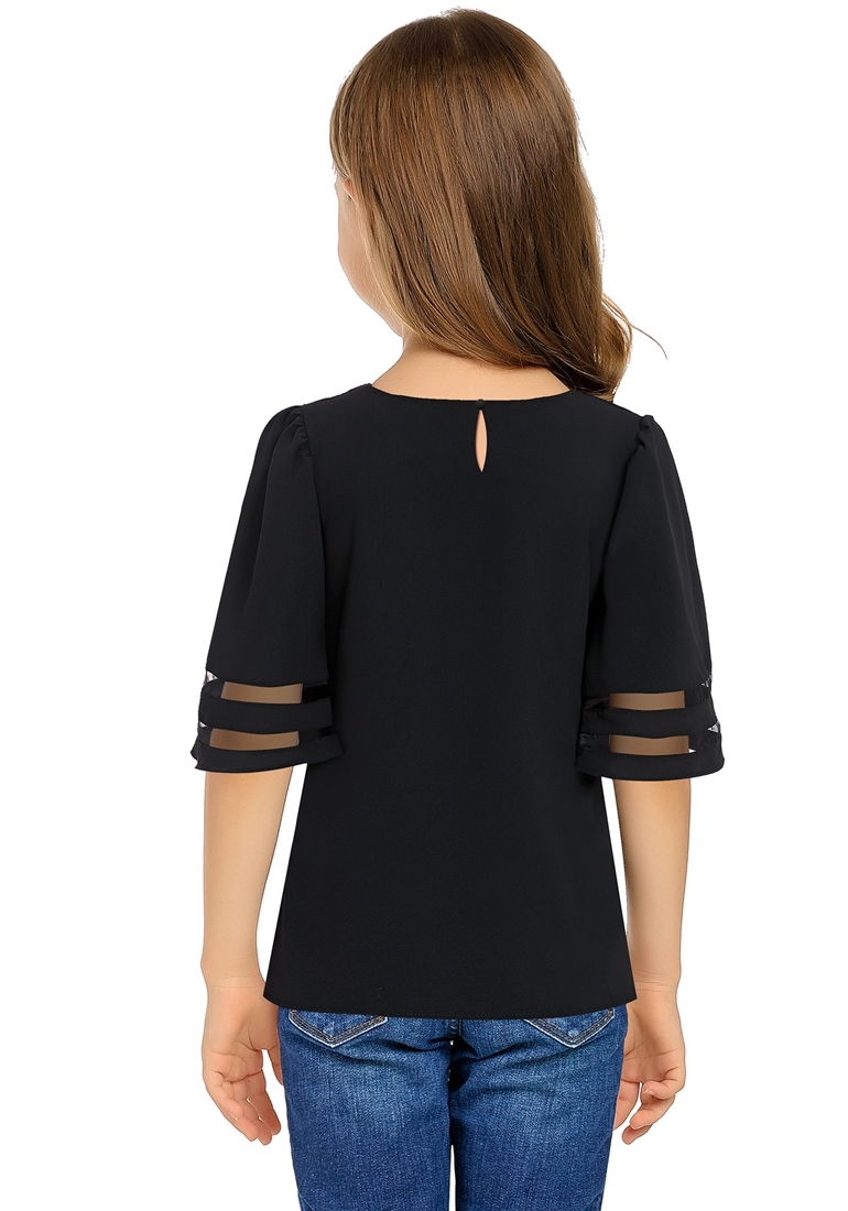 Black Girl's 3/4 Bell Sleeve Mesh Panel Blouse