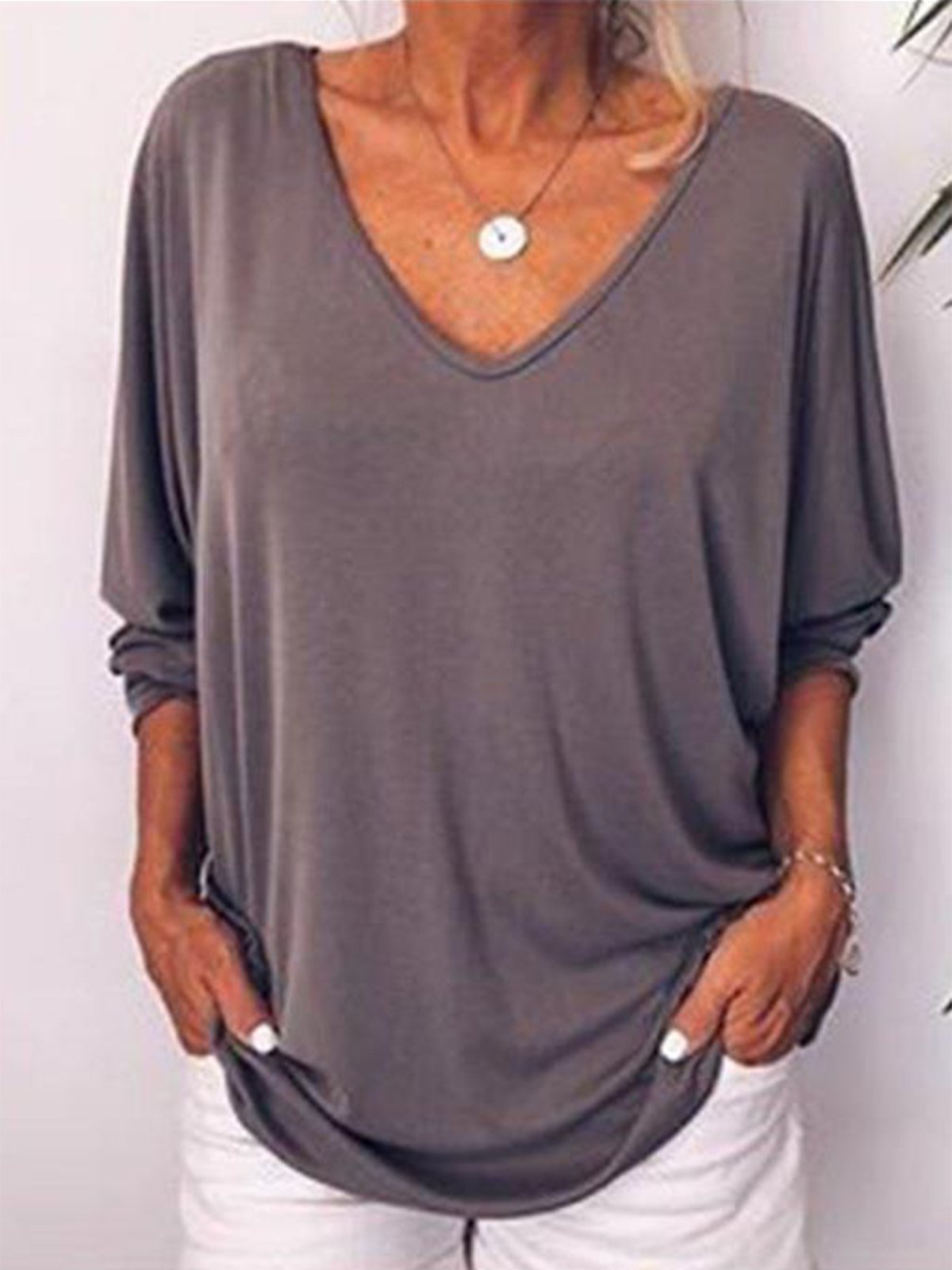 Solid V Neck Long Sleeve Buttoned Shirts & Tops