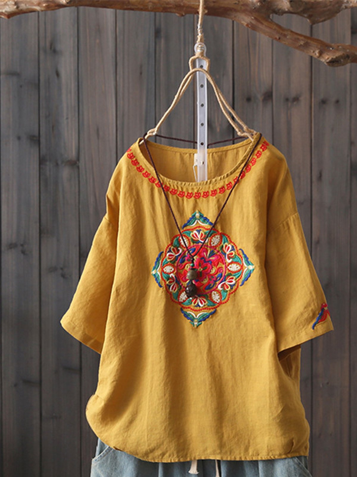 Women Casual Embroidered Tops Tunic Blouse Shirt