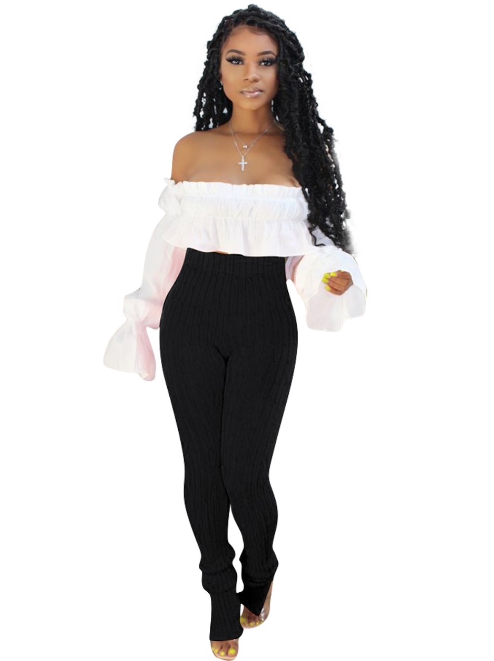 Sexy Off Shoulder Ruffle Crop Top and High Waist Slit Pants