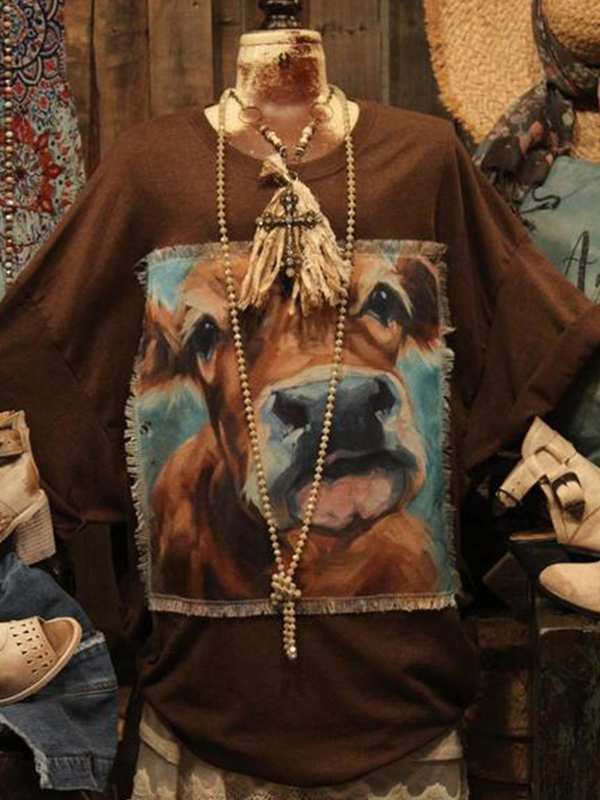 Coffee Vintage Jersey Animal Printed Shirts & Tops