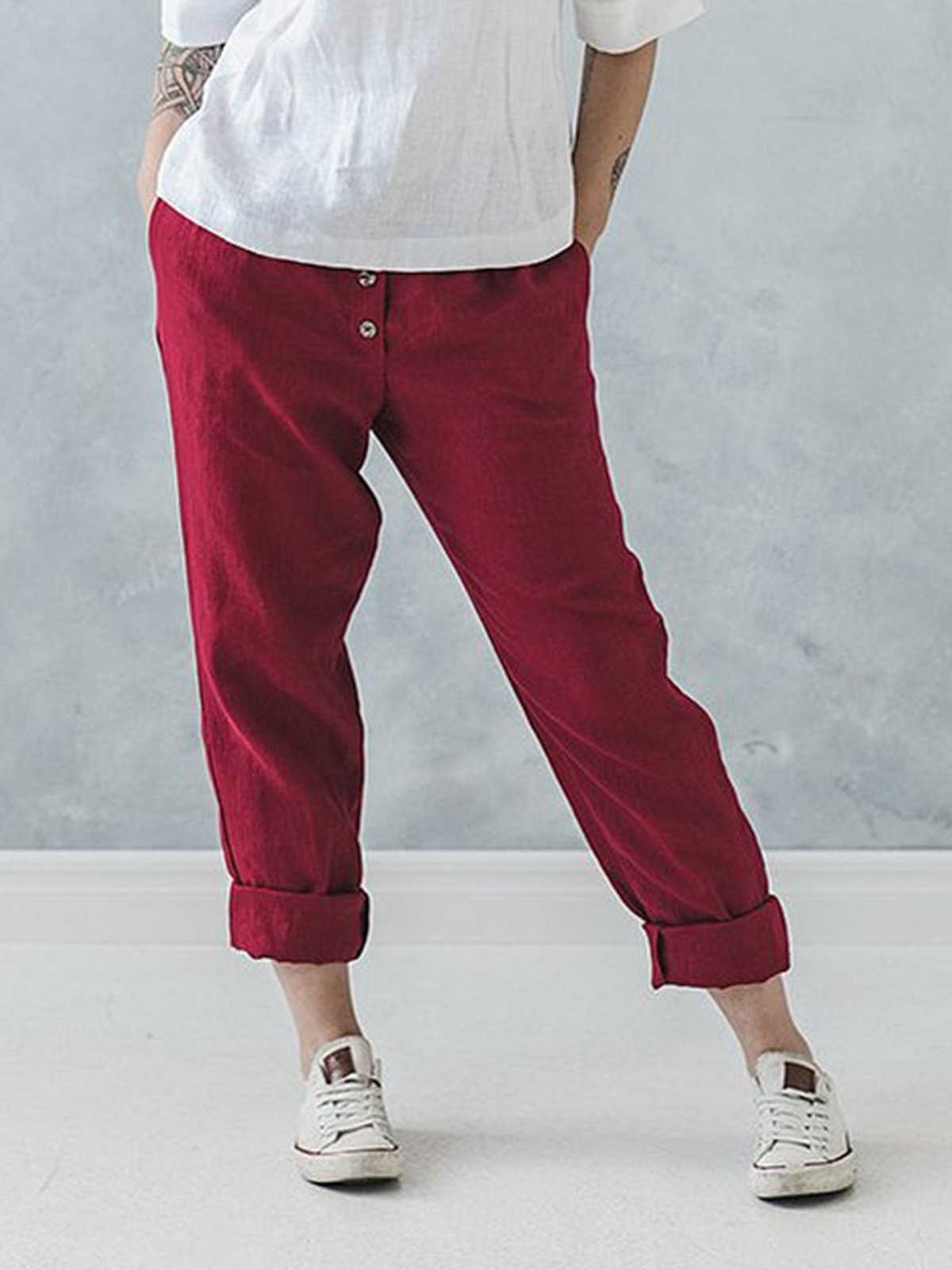 Casual Plus Size Solid Pants With Pockets