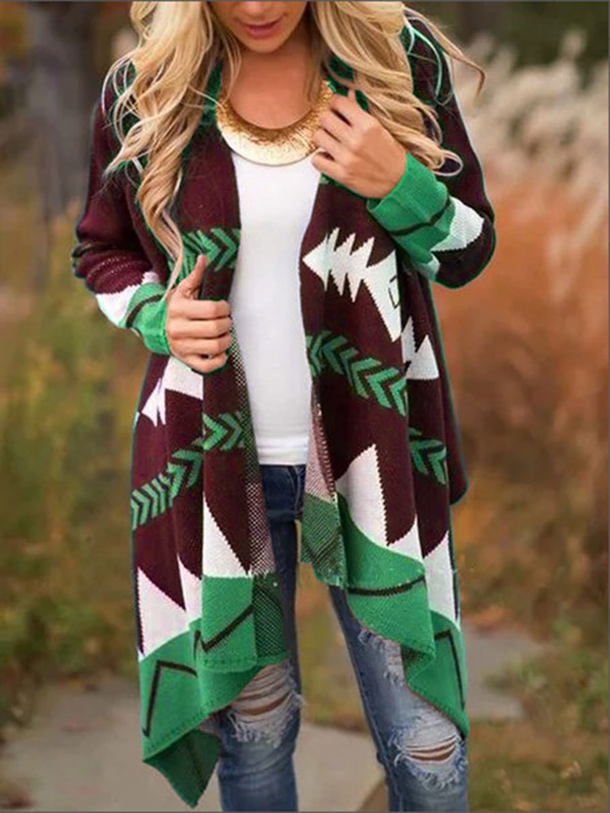 Color-Block Long Sleeve Casual Tribal Cardigan