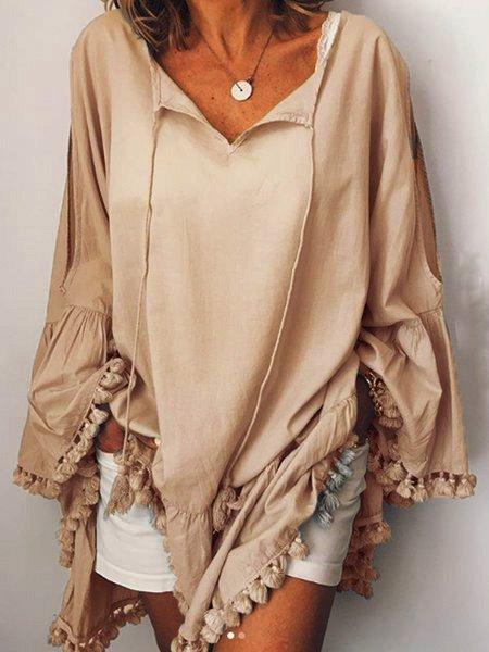 Cotton-Blend Casual Patchwork V Neck Shirts & Tops