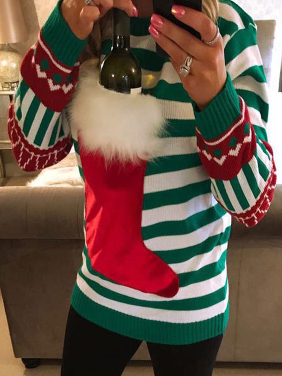 Chirstmas Green Striped Knitted Crew Neck Long Sleeve Sweaters