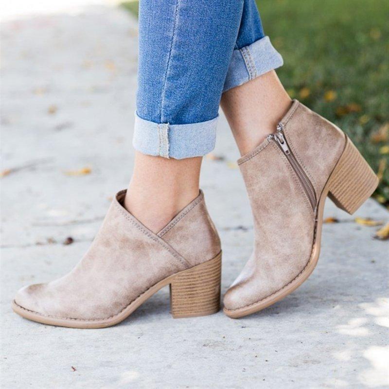 Womens Fashion Ankle Zipper Pointed Toe Chunky Booties