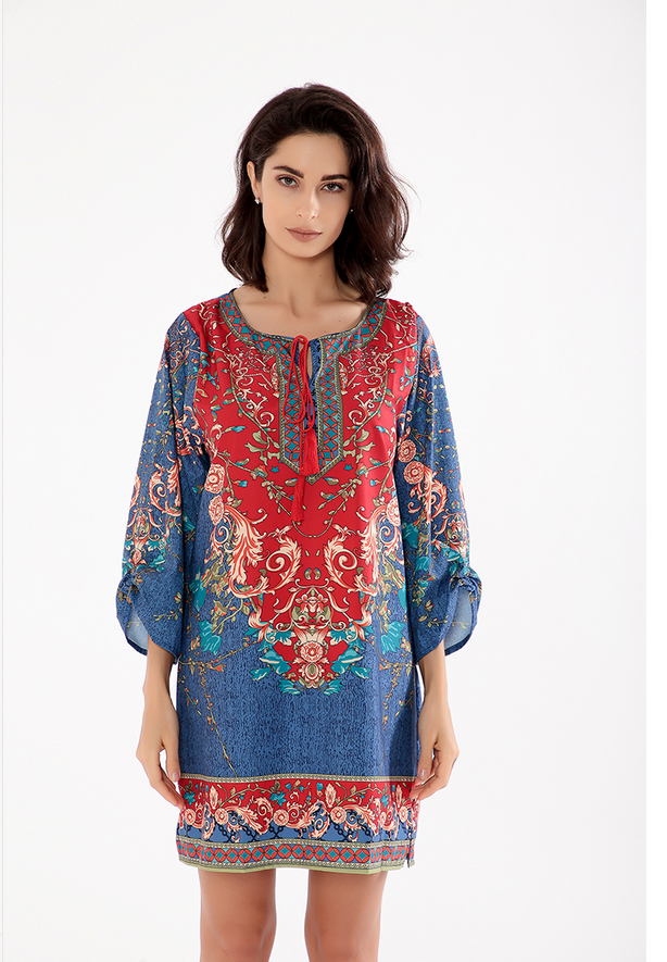 Tribal Boho 3/4 Sleeve Printed Tie-neck Dress