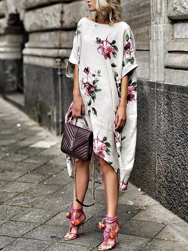 Cotton Boho Floral Print Boat Neck Irregular Casual Dress