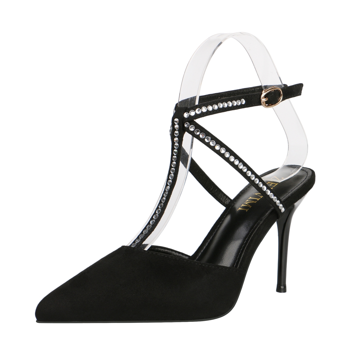 9CM Bright Diamond Stiletto Pointed Suede Ankle Strap Sandals