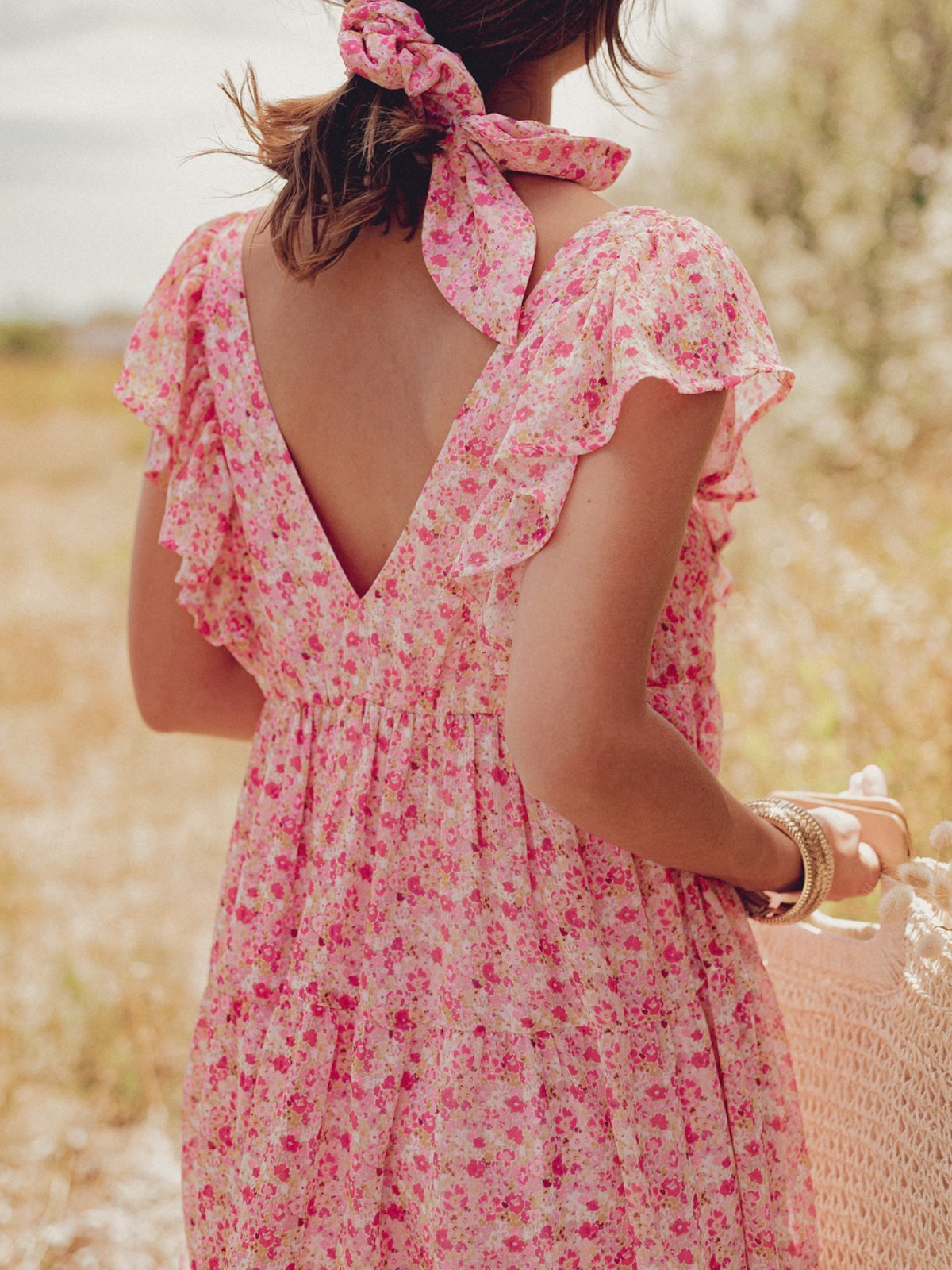 Pink Short Sleeve Casual V Neck Dresses