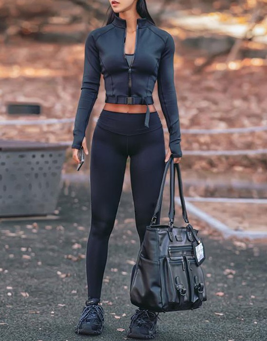 Autumn Black Sports Fitness Crop Top and Pants Set