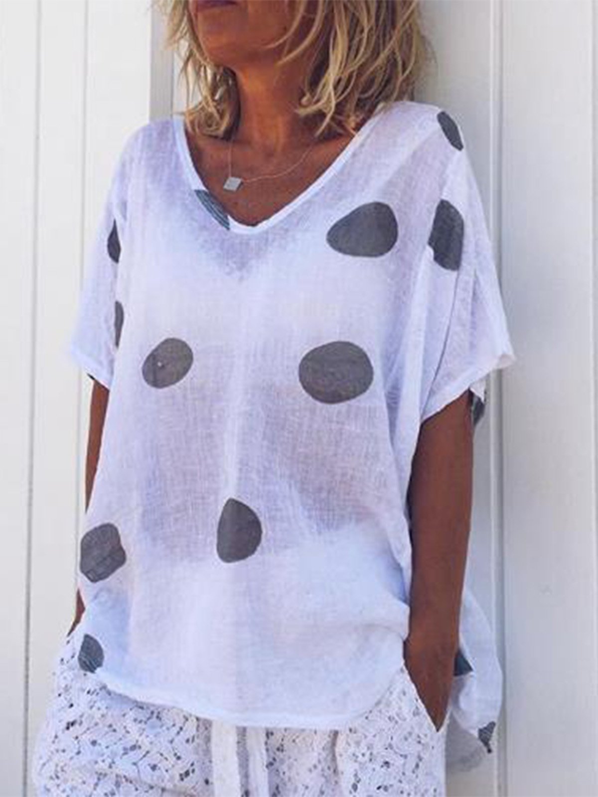 Casual V Neck Polka Dots Short Sleeve Shirts