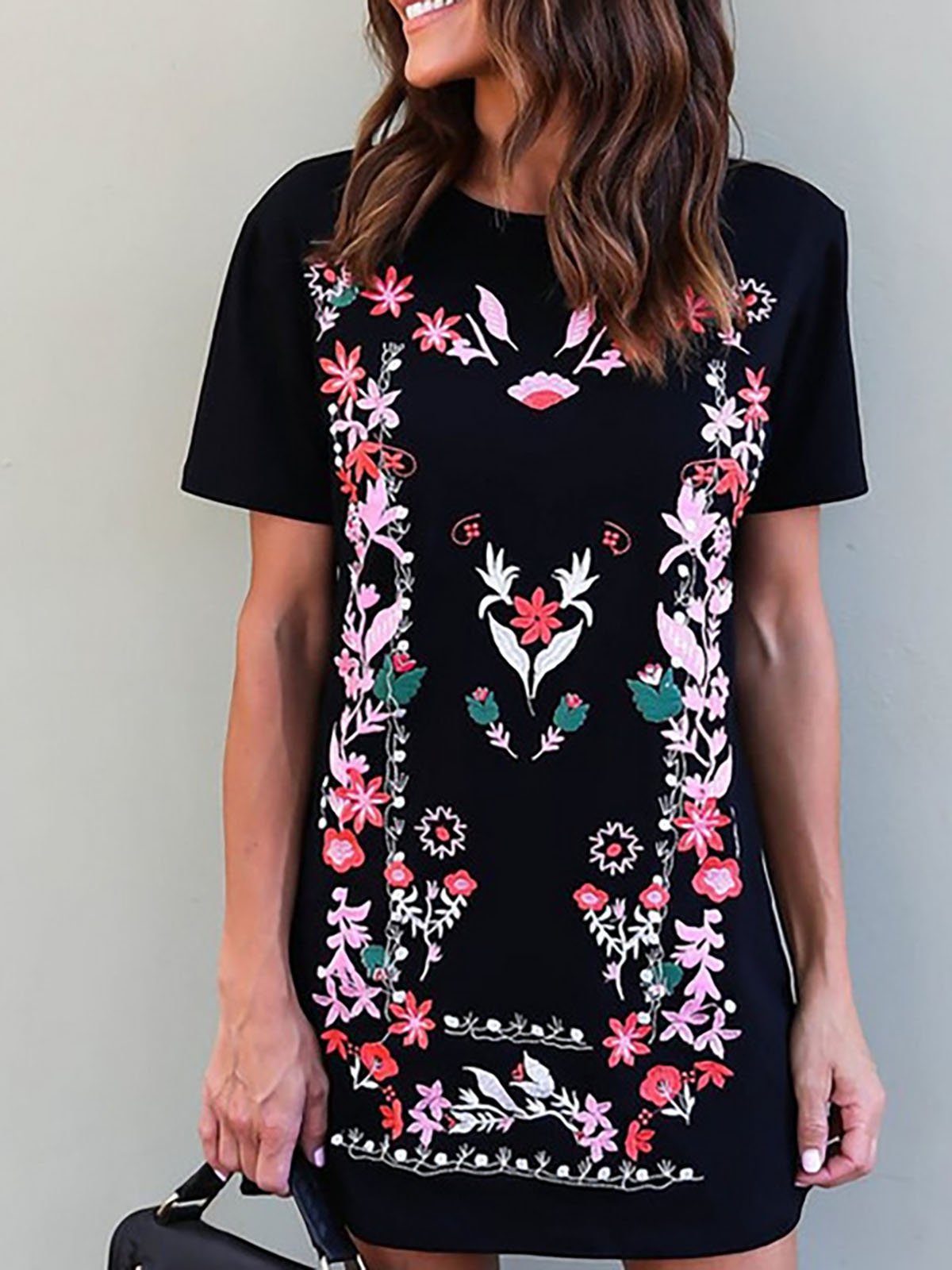 Black Short Sleeve Paneled Floral Casual Dress