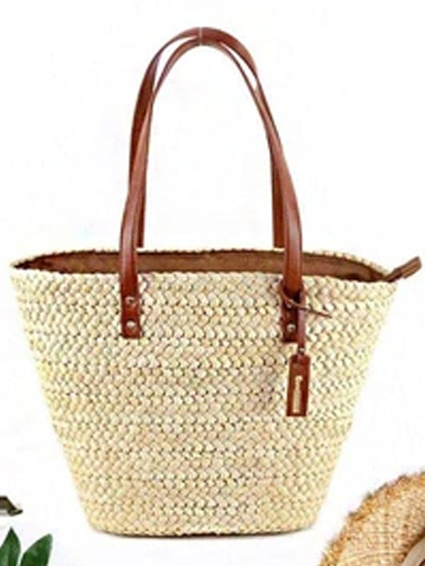 Women's Summer Beach Zipper Woven Straw Tote Bag
