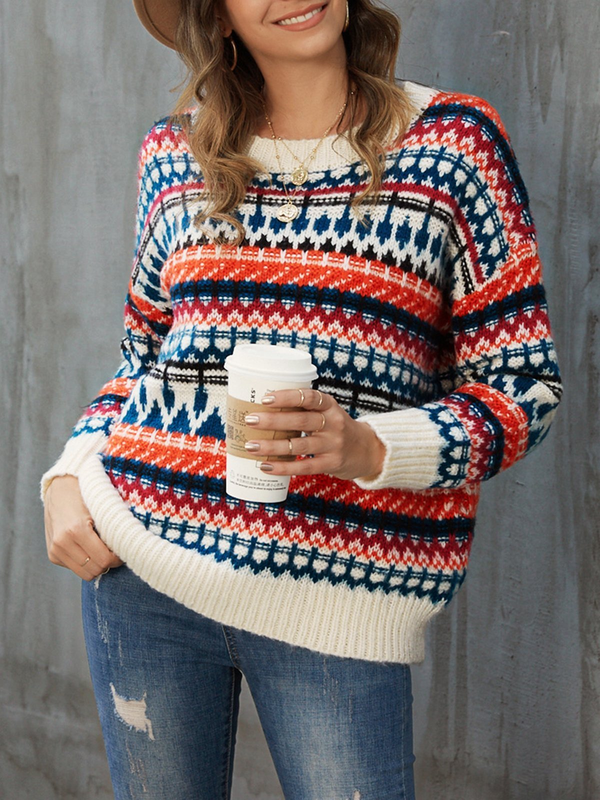 White Casual Tribal Sweater
