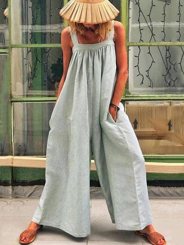 Casual Solid Sleeveless Spaghetti Jumpsuit Wide Leg Pants