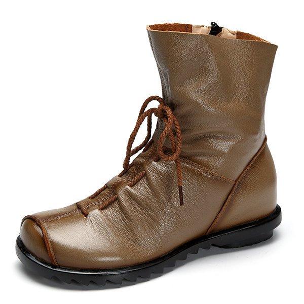 Big Size Pure Color Lace Up Ankle Leather Comfortable Zipper Boots