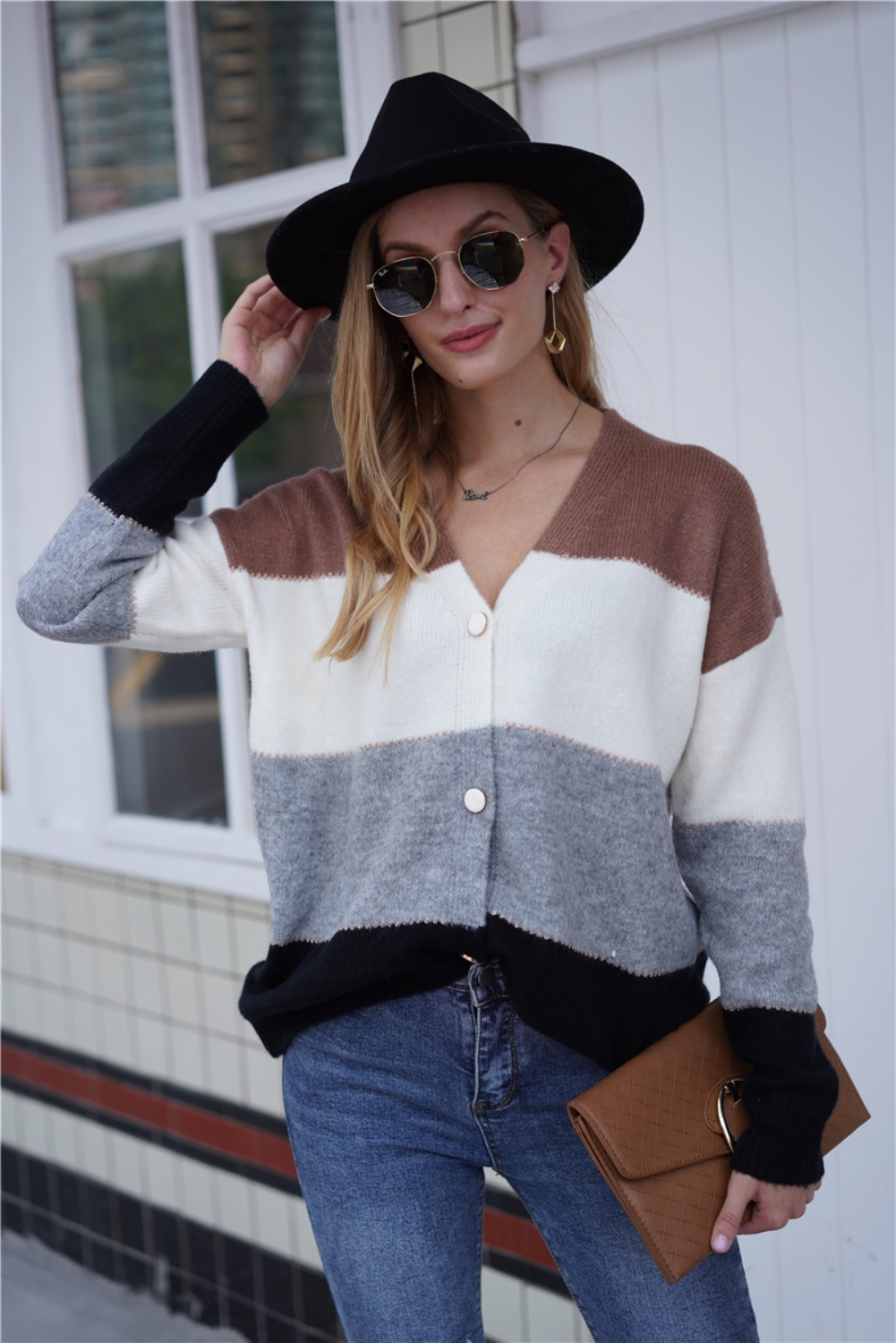 Fall Button Up Contrast Knitted Coat