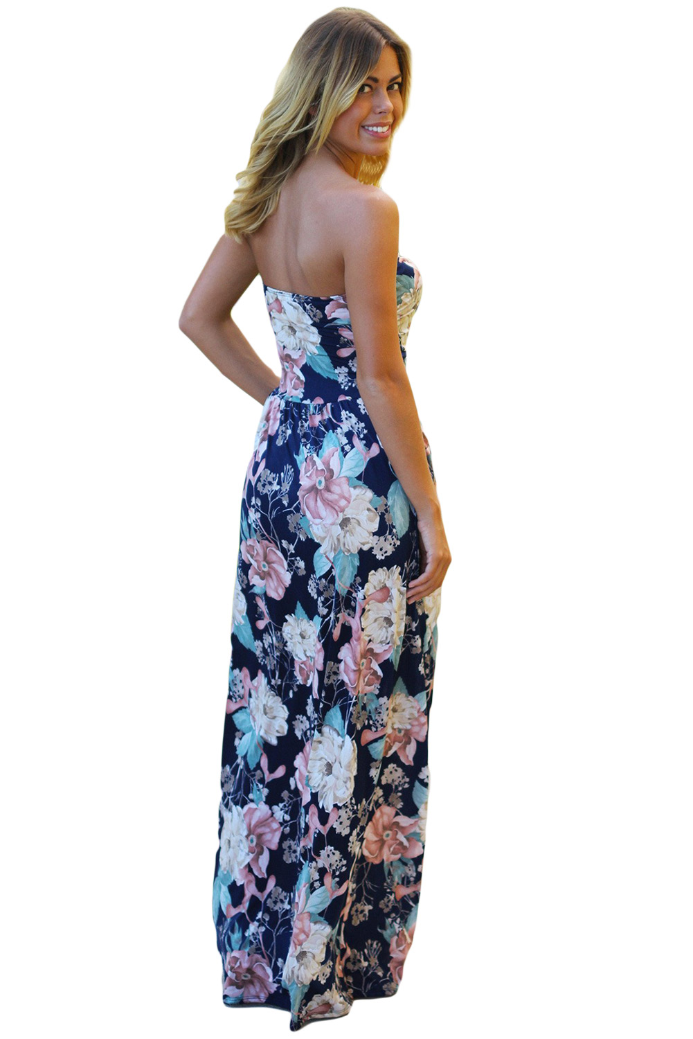 Peach Navy Floral Strapless Maxi Dress with Pockets