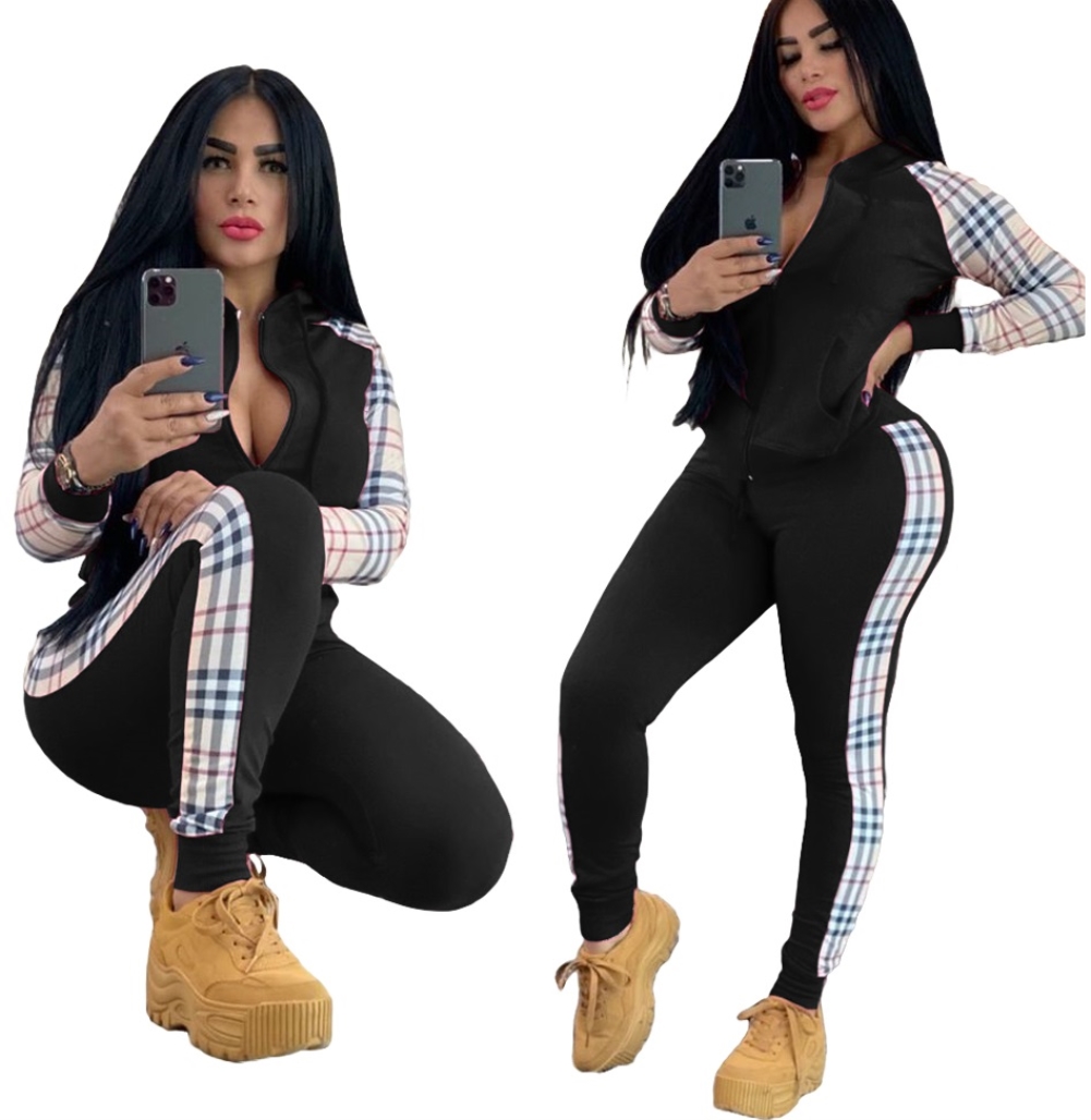 Fall Plaid Black Zipper Tracksuit