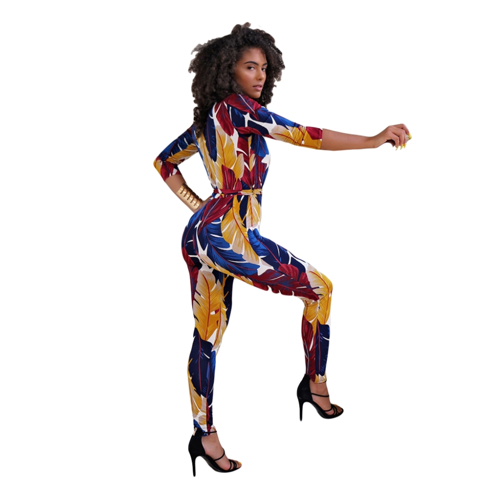 Print Colorful V-Neck Bodycon Jumpsuit