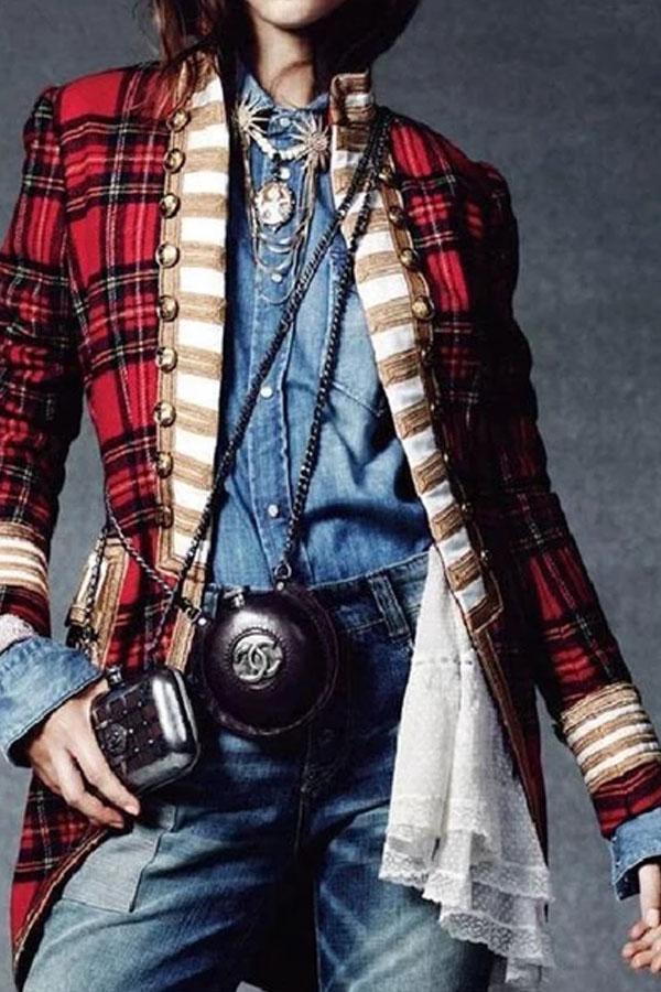 NEW!!Fashion Long Sleeve Plaid Splicing Coat