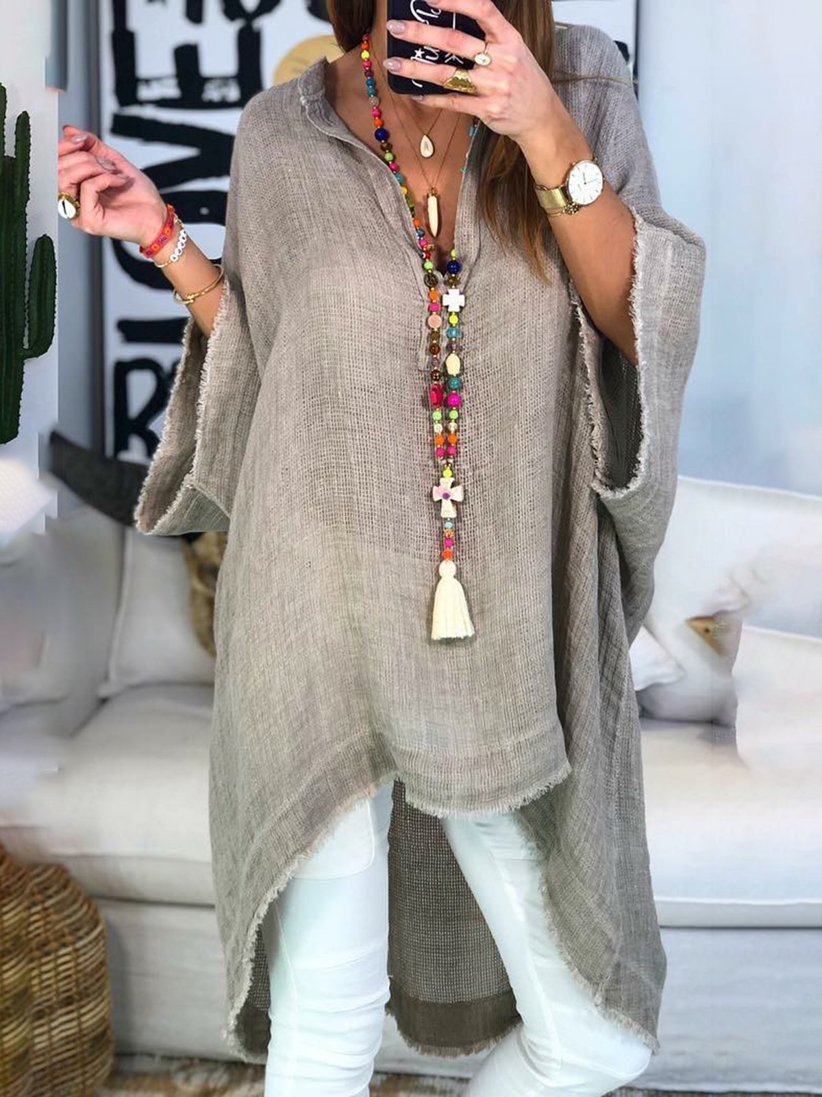 Women Boho Causal Tops V Neck Soild Half Sleeve Blouses