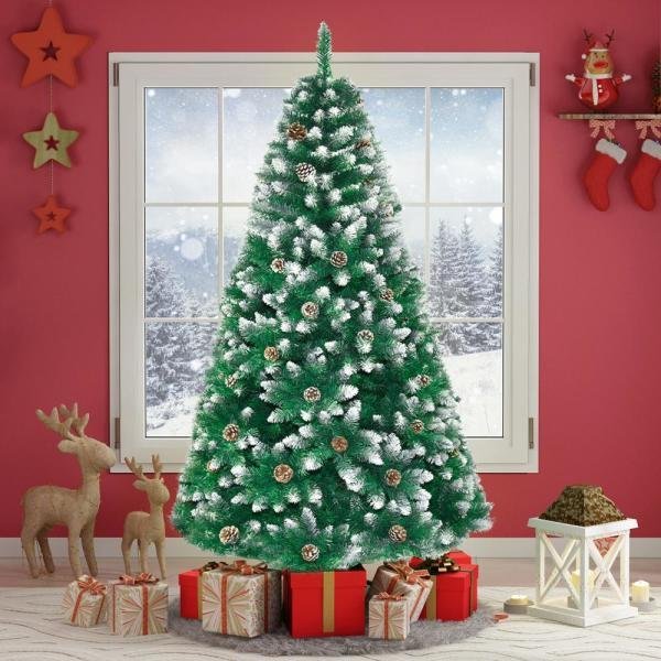 6-foot artificial Christmas tree with 800 roots flocking snow tree pine cone decoration with foldable stand without lights