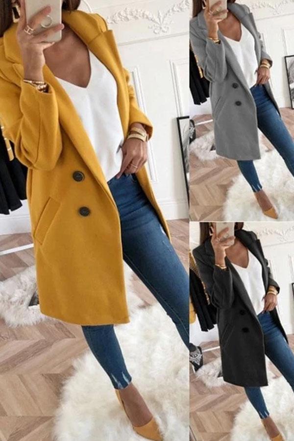 Lapel Long Sleeve Plain Button Pocket Casual Coats