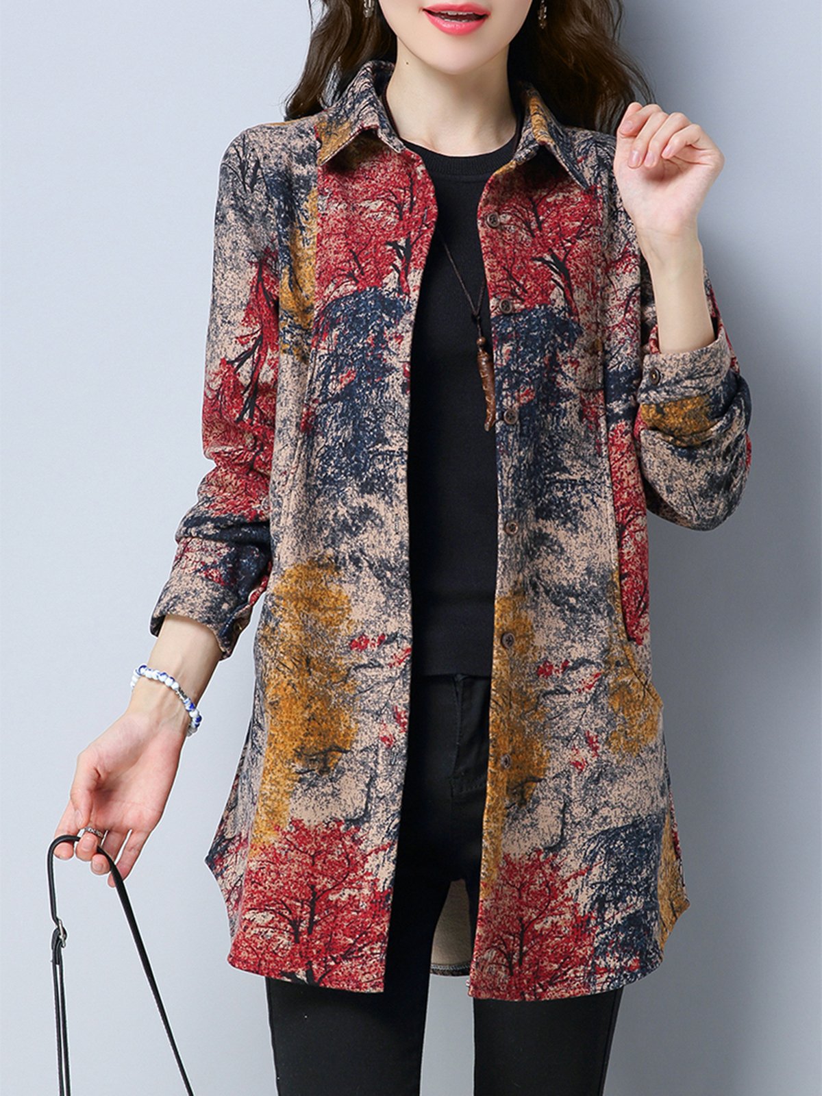 Fleece-lined Abstract Printed Blouse