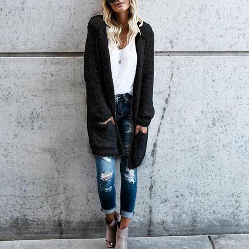 Mid-Length Knit Cardigan Solid Color Plush Coat Outwear