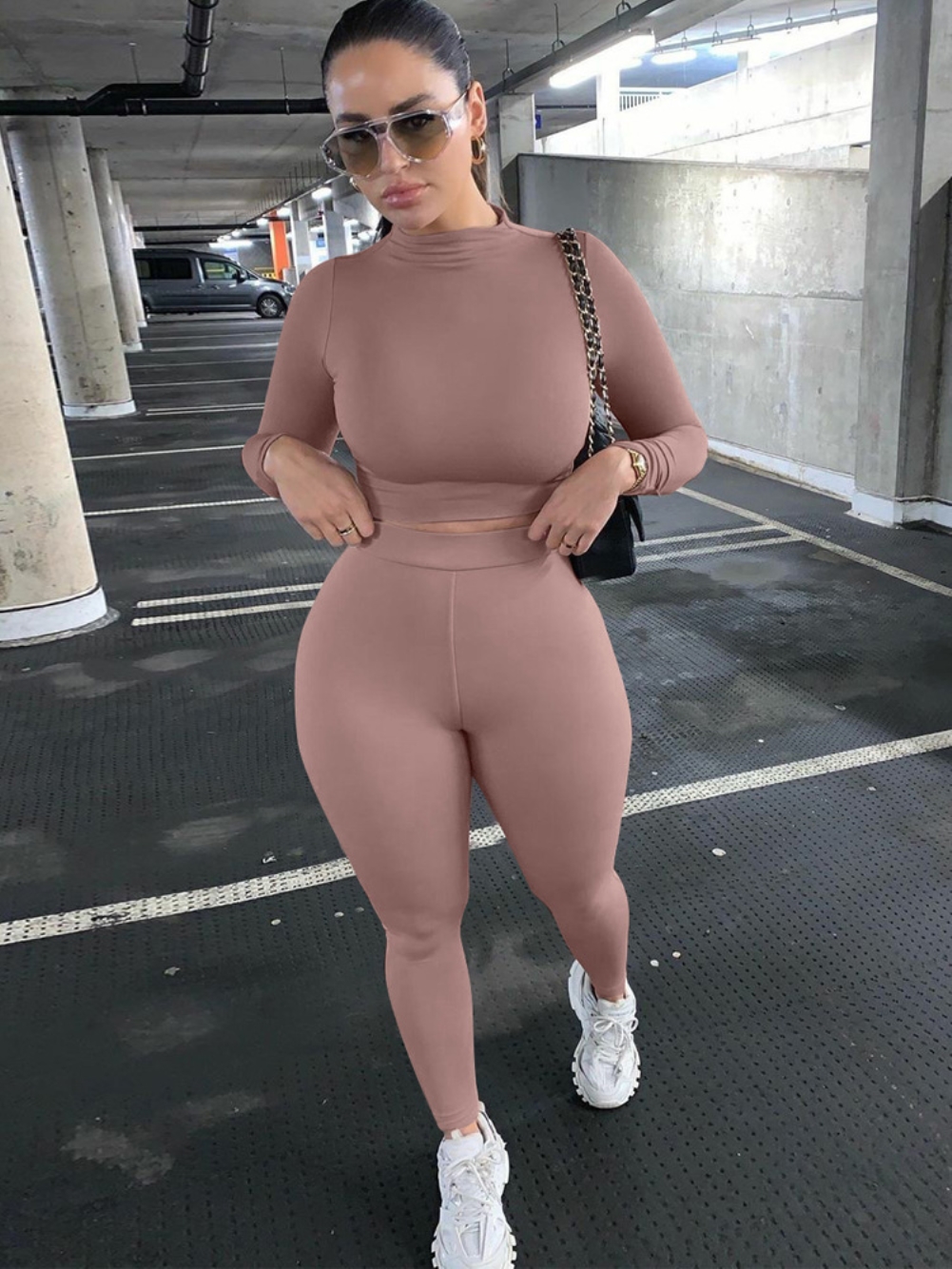 Fall Two Piece Plain Bodycon Crop Top and Pants Set