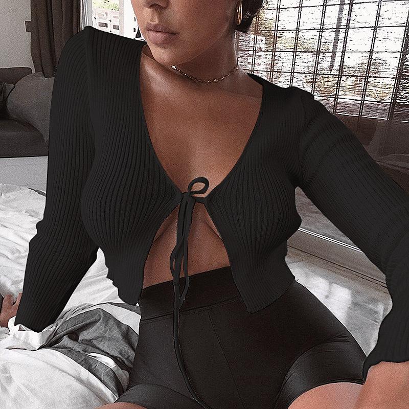 Sexy Women Crop Top Long Sleeve Solid Cropped Cardigan Knitted Tops T-shirt