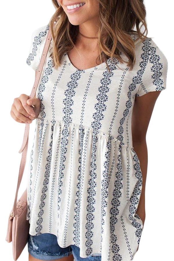 White Short Sleeve V Neck Floral Print Peplum Tunic Top