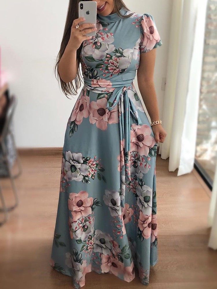 Short Sleeve Floral Long Dress with Belt