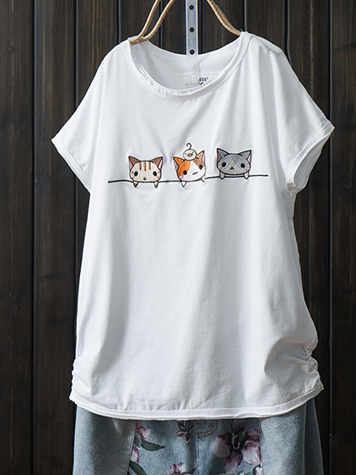 Cotton-Blend Short Sleeve Casual Printed Shirts & Tops