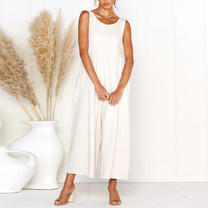 Casual Round Collar Plain Loose Sleeveless Jumpsuit