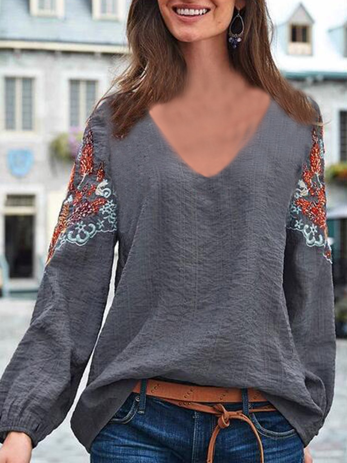 V Neck Printed Cotton-Blend Elegant Shirts & Tops