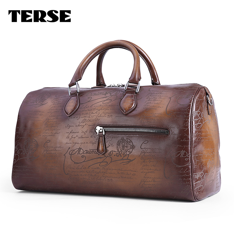 TERSE_Duffel bag large capacity handmade genuine leather tote bag with engraving tobacco handbag mens travel bag custom service