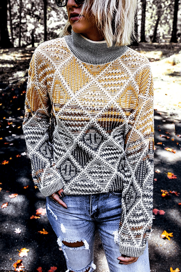 Women's Casual Printed Color Round Neck Loose Sweater