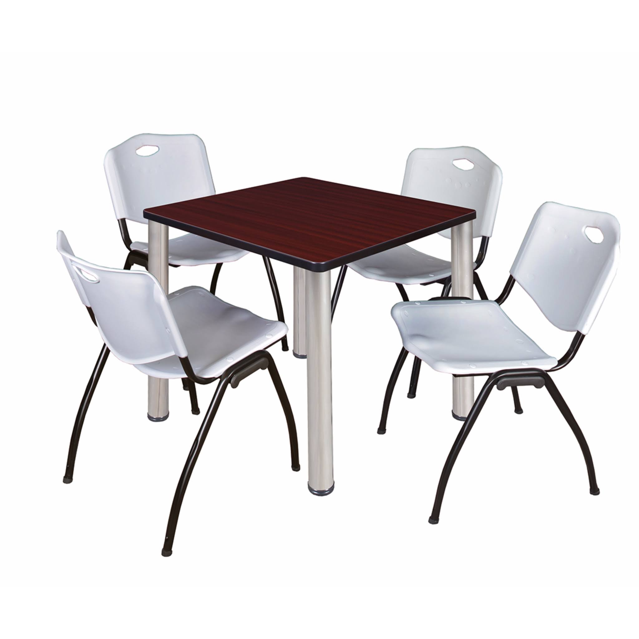 Regency Kee 30x22 Square Breakroom Table- Mahogany/ Chrome 4 &M& Stack Chairs- Blue