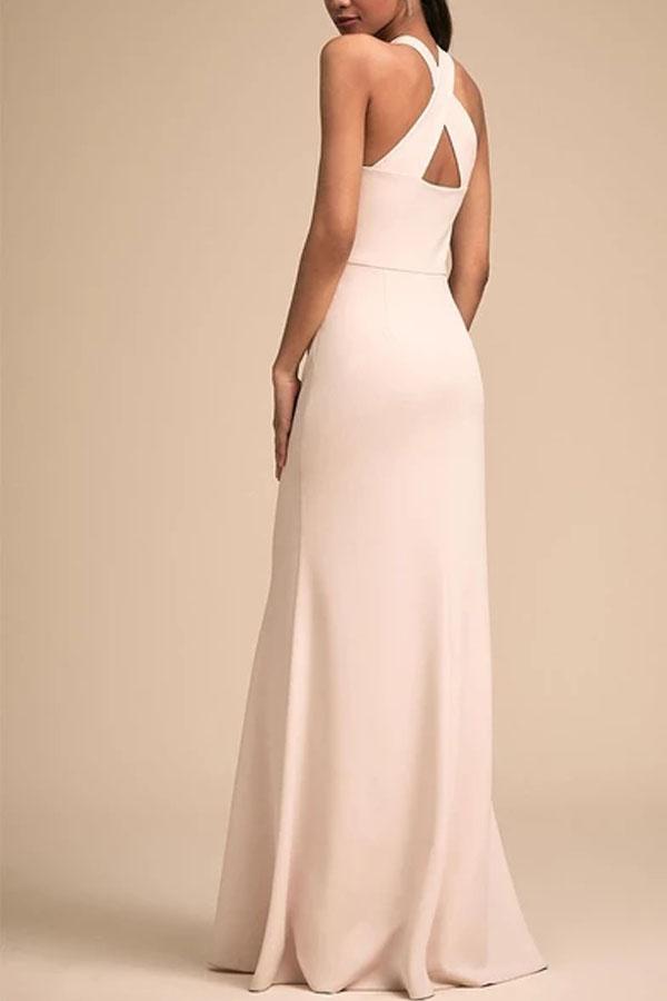 Fashion Bare Back Across Sleeveless Pure Colour Evening Dress