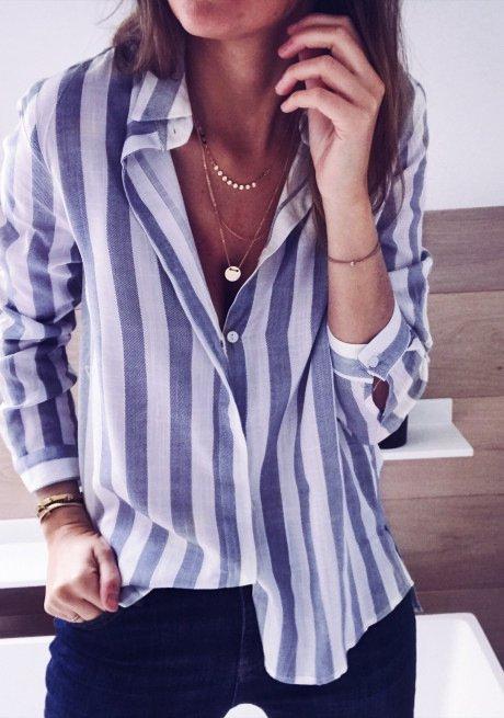 Shirt Collar Striped Long Sleeve Casual Shirts